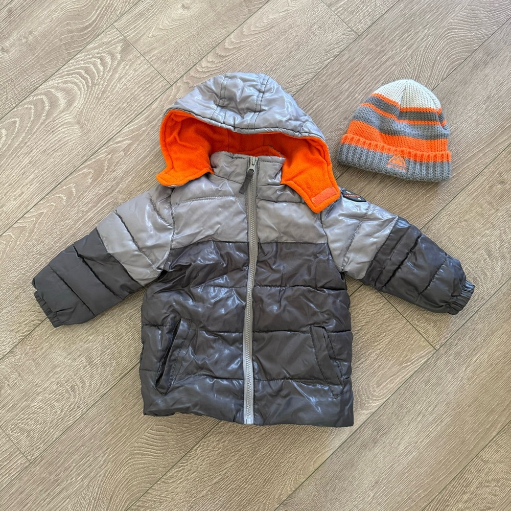 Toddler Boy winter puffer jacket and beanie 2T